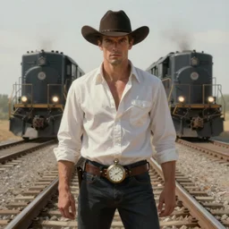a dramatic ethereal epic symmetrical painting of a handsome villainous cowboy standing in front of railroad tracks with a train locomotive | his shirt is unbuttoned and he has a pocketwatch | tarot card, art deco, art nouveau, ( steampunk ), homoerotic, realistic, mosaic | by louis comfort tiffany | artstation
