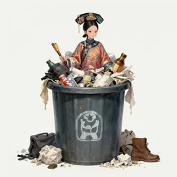 full view, from a distance, of anthropomorphic trashcan as a girl warrior from the qing dynasty, full of trash, style of yoshii chie and hikari shimoda and martine johanna, highly detailed