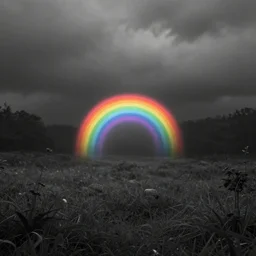rainbow object in the middle of a mysterious black and white environment