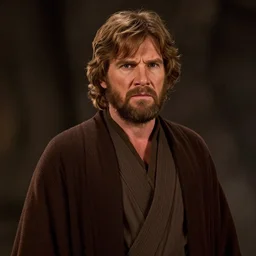 william shatner as luke skywalker, bearded and wearing a robe, in star wars : the force awakens ( 2 0 1 5 ). movie still