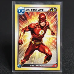 a photo of a trading card featuring dc comics'the flash, vibrant superhero comic style art, highly detailed, in the style of pokemon trading card game