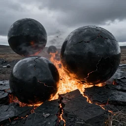 giant shiny black spheres, crashed in the ground, cracks, gas fire in cracks, viewed from the side, hd photograph