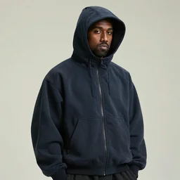 high quality studio photo shoot of a kanye west modelling yeezy futuristic hoddle. final product shot, all round angle. trending on futuristic fashion instagram.