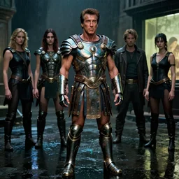sylvester stallone in ancient greece sci - fi armor, tech noir, wet reflections, prism, atmospheric, ambient, pj crook, syd mead, livia prima, greg rutkowski, edward hopper