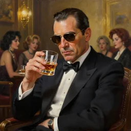 beautiful oil matte portrait painting, mafia boss drinking whiskey with some ladies at his 5 0 s new york office space, wonderful masterpiece highly detailed, beautiful cinematic light deep focus, elegant, digital painting, smooth, sharp focus, golden ratio, dramatic illumination, ultra realistic, 8 k, art by jimmy law