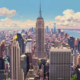 view of new york city skyline in the year 2 1 0 0, anime background by studio ghibli