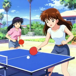 girls playing ping pong in california, sprite, vaporwave nostalgia, directed by beat takeshi, visual novel cg, 8 0 s anime vibe, kimagure orange road, maison ikkoku, sketch by osamu tezuka, directed by makoto shinkai and beat takeshi