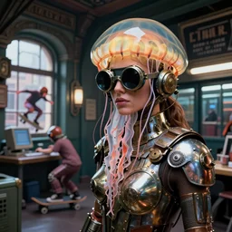 closeup view of a caucasian female jellyfish shapely human hybrid wearing roman electric vacuum tube amp armor and visor shades, inside of a dimly lit ancient mayan convenience store hybrid with a soviet computer console and large windows, slug human hybrid skateboarder, the exterior of old NewYork subway station, ektachrome color photograph, volumetric lighting, 35mm f8 aperture