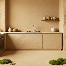kitchen made of rough sand, octane render, trending on artstation, very rough sand on wall, flooring made of hard sand, moss