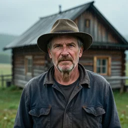 a cinematic headshot portrait of a farmer, stood outside a wooden cabin, rain, ultra realistic, dramatic lighting, by annie leibovitz