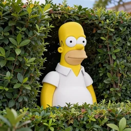 photorealistic homer simpson emerging from a hedge, half covered by bushes, cinematic, 8 k, unreal engine render