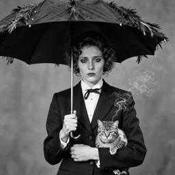 photographic portrait max ernst sad woman giraffe feathers, wearing a suit, holding an umbrella and a cat, cigarette smoke, editorial