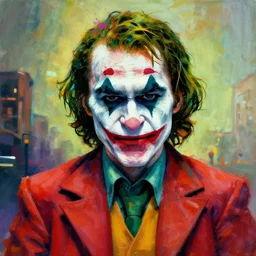 abstract portrait of the joker in gears of war, city in the background, the joker 2 0 1 9, studio lightning, rule of thirds, face symmetry, colourful spray paint splatters, expressive, fine art, by pablo ruiz picasso, correct body proportion, pablo ruiz picasso style