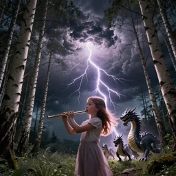young girl playing flute, birch forest clearing, storm at night, lightning dragons race down toward her, low angle facing sky, cinematic, dramatic lighting, big storm clouds, high contrast
