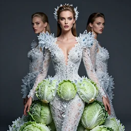 expressive portrait photo of a beautifull godess in lace dress with ice crystals, dress made of cabbages, glamour shot, by karol bak, stefan gesell, photorealistic, nikon d 4 x, fashion photography, hyper maximalist, elegant, ornate, luxury, elite, environmental portrait, symmetrical features, octane render, unreal engine, solid dark grey background, dramatic lights,