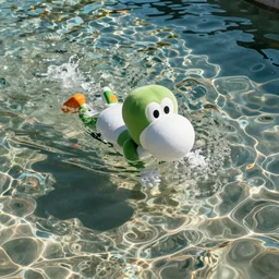 yoshi is swimming in the clear shiny water, outdoors photography, water refraction, photo taken with iphone