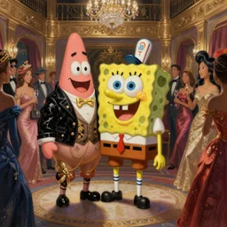 a high detailed painting of a spongebob and patrick dressed in expensive and fancy designer clothes at a party in a luxurious hotel in new york ,surrealism, magical realism bizarre art