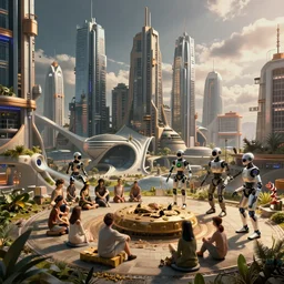 a cinematic composition depicting : we're overlooking a cyberpunk civilization with building by santiago calatrava, where a solarpunk tribe is peacefully collaborating with their technologic android helpers, octane render