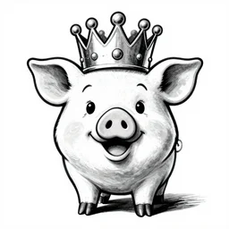 pig wearing crown in the style of 1930s cartoon drawing, ultra detailed, black and white, 30mm, 8k