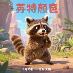 a poster of a 3d animated pixar film starring a cartoon raccoon going on an epic quest, wide angle