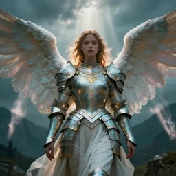 one angel, big wings, low key light, full plate armor with cloth, f 1 6, bokeh, extreme close up portrait, gentle, female, mountain, storm, god rays, landscape, d & d, fantasy, elegant, teal pink white gold color palette, concept art, artgerm and greg rutkowski and alphonse mucha