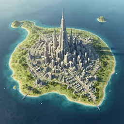 Large Fantasy City in the middle of an island in the ocean, concept art, matte painting, birds eye view, city plans