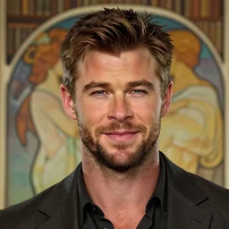 close up portrait, friendly chris hemsworth prince mage, abstract library background, alphonse mucha, rhads, ross tran, artstation, artgerm, octane render, 1 6 k