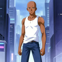 official anime illustration, yoji shinakawa, studio gainax, bald male african-american teen wearing a white tank-top and jeans stands in a cyberpunk city