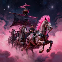space, a 3 horse - drawn, a mechanical horse with a pink mohawk drives a pirate spaceship, punk, hyperdetailed illustration, stars, pink, neon, oil painting, rich deep colors masterpiece, pirate neon ship, ultra detailed, contrast, heaven pink, clouds, volumetric light, atmospheric lighting, dramatic, cinematic, moody, octane render 4 k, 8 k