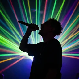 rapper laughing into microphone, epic angle, profile view, silhouetted, distinct, psychedelic hip-hop, laser light show, beams of light