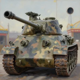 portrait of wwii tank with amusement park camouflage paint, hyperdetailed texture, beautiful octane lighting, trending on artstationhq, oil on canvas