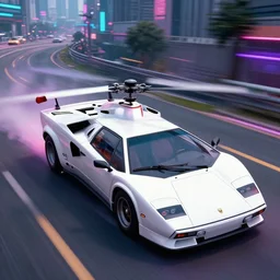 helicopter footage of a synthwave police chase white countach