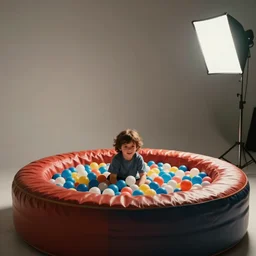 photo still of al roker in a ball pit!!!!!!!! at age 4 6 years old 4 6 years of age!!!!!!!! hiding from parents, 8 k, 8 5 mm f 1. 8, studio lighting, rim light, right side key light
