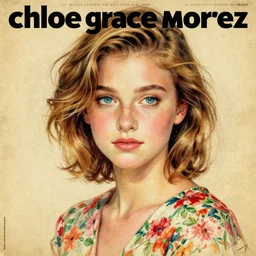 “ chloe grace moretz portrait by ikenaga yasunari and ayana otake and ko rakusui, 6 0 s poster, drawing, realistic, sharp focus, japanese, dreamy, nostalgia, faded, golden hues, floral clothes, porcelain skin ”