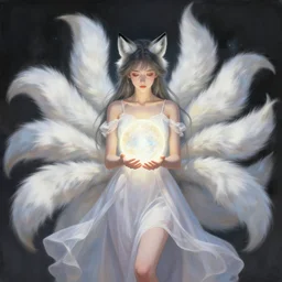 a woman in a white dress holding a glowing ball | with nine white fox tails | a detailed painting by ross tran | wlop and stanley artgerm lau!!!!!!!!!!!!!!! | featured on deviantart | fantasy art | anime | 2 d game art | official art