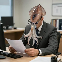photo of a squid in a suit and glasses, reading a document at a desk in an office. Highly detailed 8k. Intricate. Sony a7r iv 55mm. Award winning.