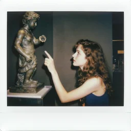 polaroid of a skater girl inspecting a sculpture by leonora carrington