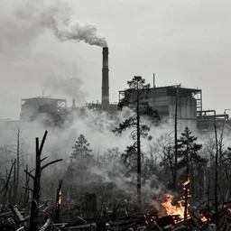 industrial city destroying nature, 1 9 2 0 s spirit portrait photography, smoking chimneys, tall burning trees, cleared dead foggy death fog forest, huge industrial buildings, eerie, dark, by william hope