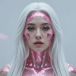 hyper - realistic photo portrait of a jewish woman from the future, face in pink sequins, long white hair, atmosphere from movies : blade runner, alien cinematic,