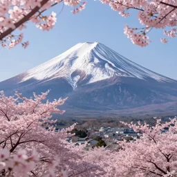 gorgeous view of mount fuji with cherry blossom foreground, concept art, digital painting, trending on artstation, deviantart, epic composition, extremely detailed, volumetric lighting, masterpiece, octane render