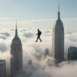 Artwork of a tightrope walker going through tropospheric clouds that are pierced by skyscrappers, by John Philip Falter.