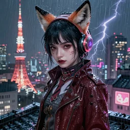portrait futuristic fox cyberpunk young female joker, in futuristic rainny thunder flashing tokyo rooftop cyberpunk night, ssci-fi, fantasy, intricate, very very beautiful, elegant, neon light, highly detailed, digital painting, artstation, concept art, soft light, hdri, smooth, sharp focus, illustration, art by tian zi and craig mullins and WLOP and alphonse mucha