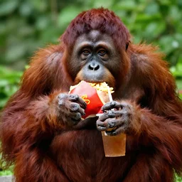 a orangutan eating a big mac, holding a drink in its hand