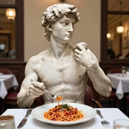 the statue david from michelangelo eating spaghetti bolognese, sitting on a restaurant table inside a well visited restaurant