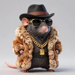 anthropomorphic gangster rat wearing a fur coat, wearing sunglasses and a hat, wearing a gold chain long fur, detailed, 3d render, 4k, disney