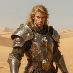 a portrait of a paladin in the desert, stern face, D&D, digital painting by Gerald Brom, highly detailed