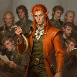 hansome hal - elf, holding a snake, well dressed, notes of orange, brown hair, beautiful, dnd character art portrait, matte fantasy painting, deviantart artstation, by jason felix by steve argyle by tyler jacobson by peter mohrbacher by paul hedley, cinema