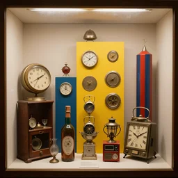 a display case containing nostalgic forgotten objects in the bold surreal sculptural assemblage nostalgic style of Joseph Cornell
