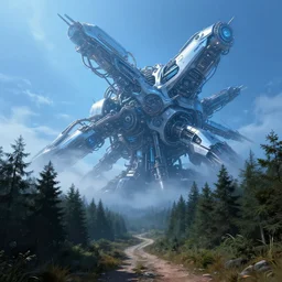Outdoor sky huge expansive futuristic machinery sleek shiny blue misty unclear neon curly hair untouched wild nature painting forest trail