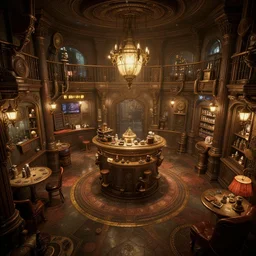 interior of a steampunk videoclub, 3d scene, render, ultra realistic, zenith view, Greg Rutkowski, artstation, cgsociety, level design, unreal engine, 3d scene, render, ultra realistic, zenith view, Enki Bilal style